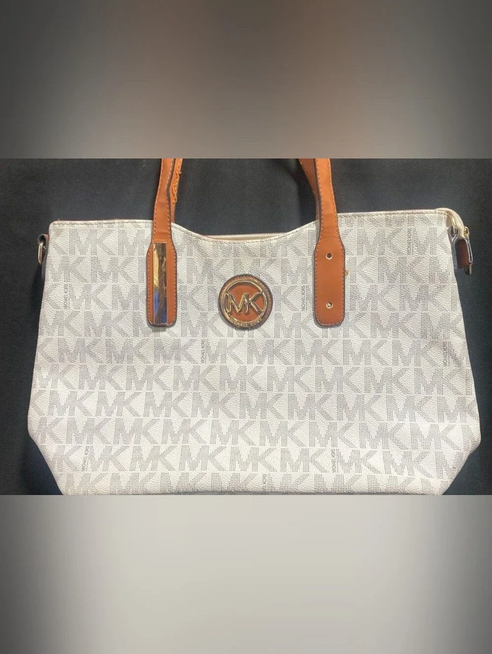 Michael Kors Cream Signature Tote with Matching Pouch and Black Cosmetic Case